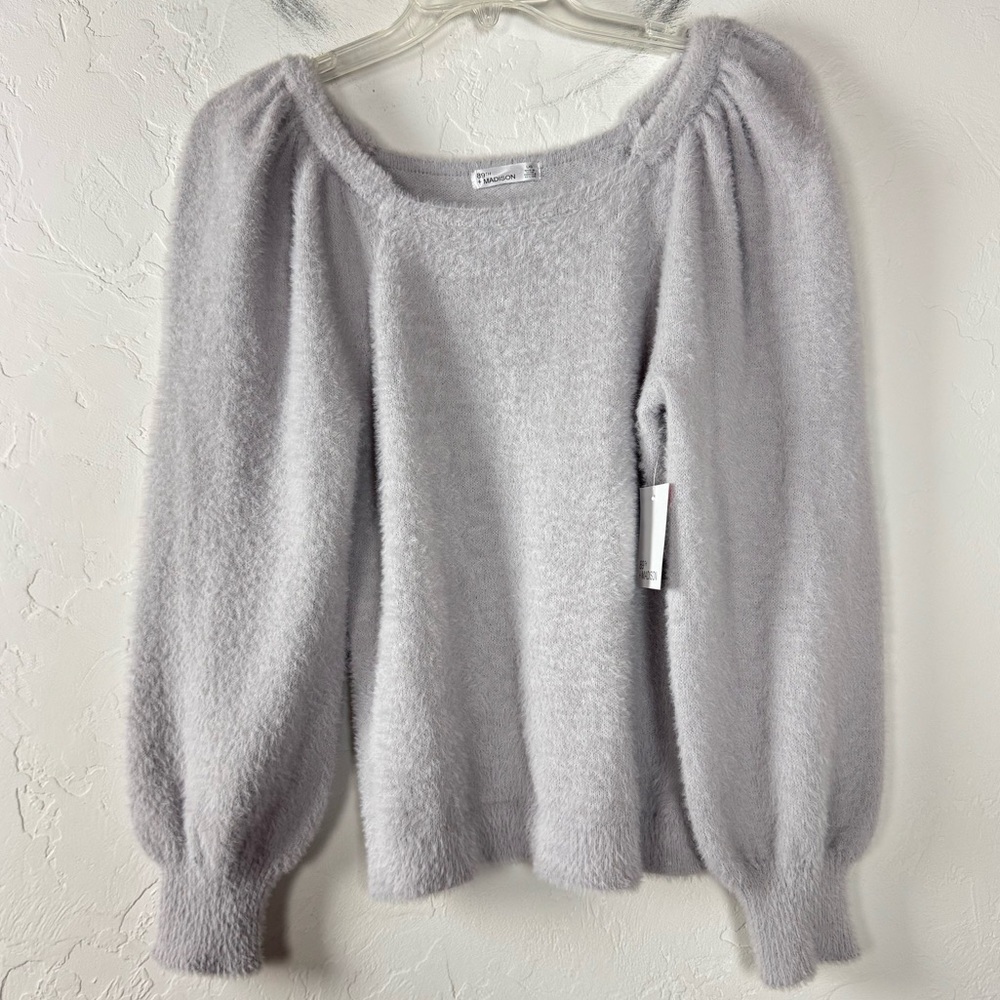 Nordstrom 89th + Madison Sweater Pullover‎ Knit Top Fuzzy Solid Silver Grey Soft